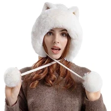 Fluffy Knit Beanie Hats for Women Winter Faux Fur Warm Skull Cap One Size White