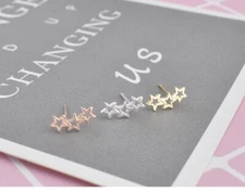 925 Sterling Silver 3 Hollow Stars Ear Stud Climber Crawlers Stud Earrings S4