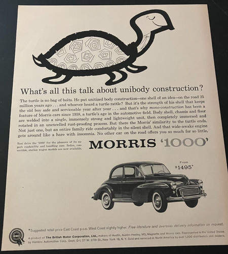 1960 BMC Morris 1000 Cute Turtle - Vintage Original Print Ad / Wall Art - CLEAN