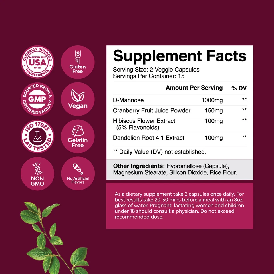 Cápsulas de manosa D para la salud del tracto urinario - Alta potencia con jugo de arándano Foto 3 de 4