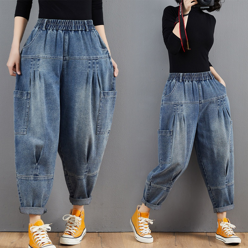 Tapered Women Denim Pants Trousers Hippie Casual Loose Frill