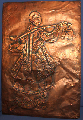 Vintage Bulgarische Wandbehang Kupfer Plakette Frau mit Volkstracht