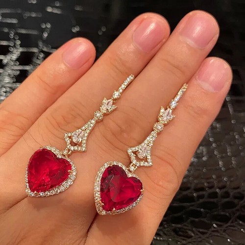 Lab-Created Red Ruby 3Ct Heart Drop Dangle Earrings 14K Yellow Gold Plated - Picture 9 of 9