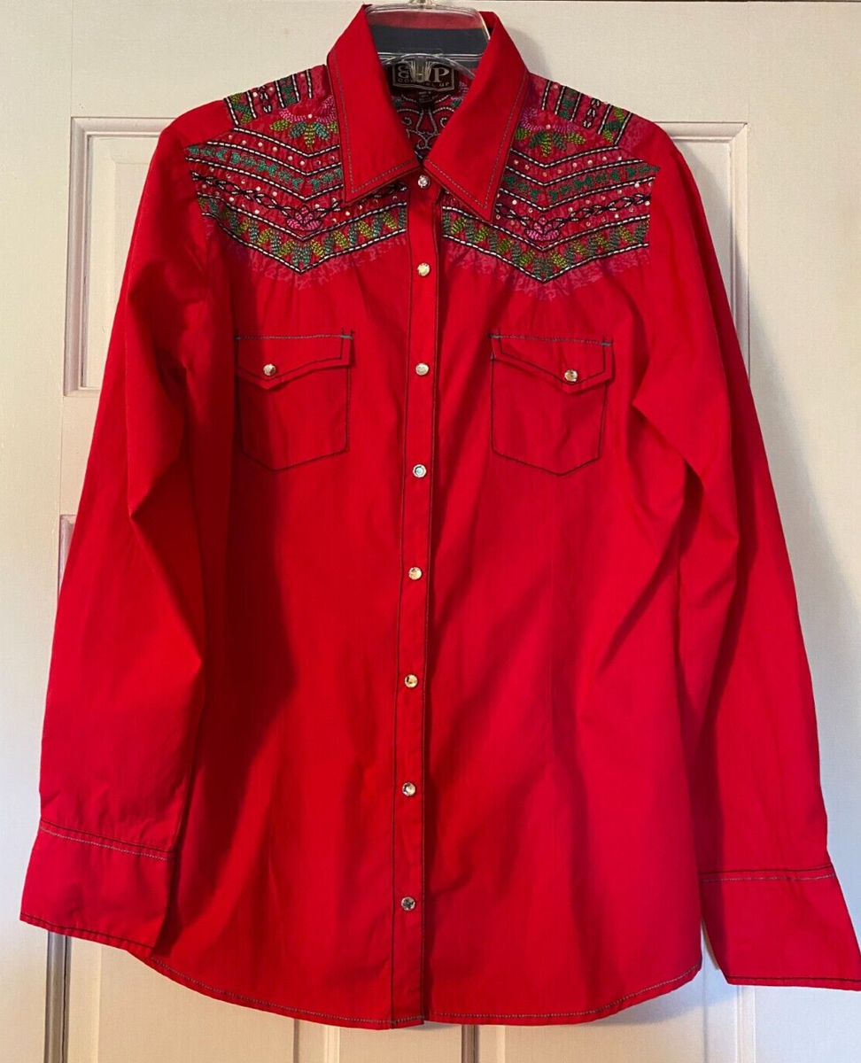 COWGIRL UP Top Size Large Red Embroidered Rhinestone Pockets Snap Front  Women’s