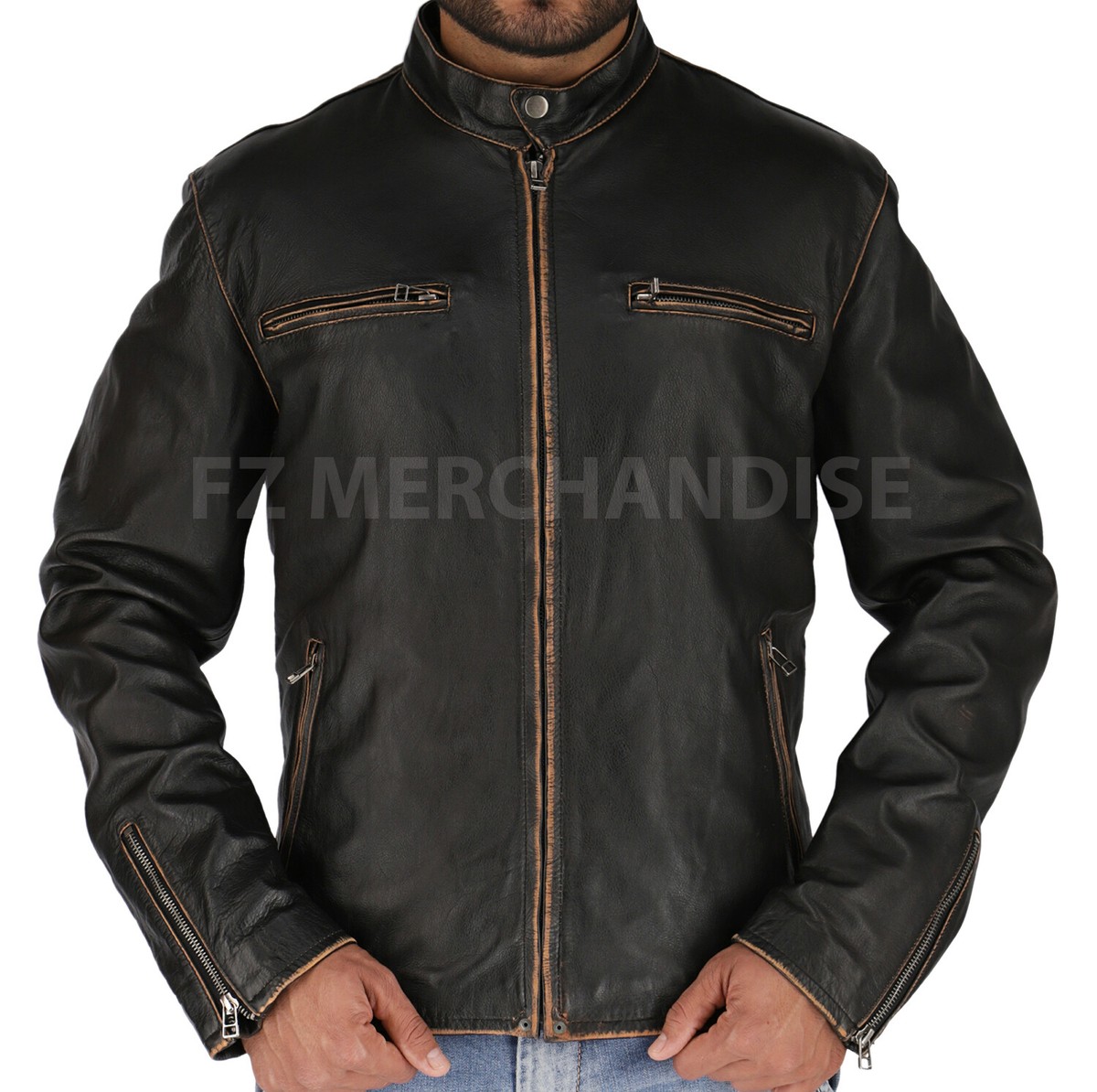 Men’s Motorcycle Biker Vintage Distressed Black Faded Real Cow Leather  Jacket A+