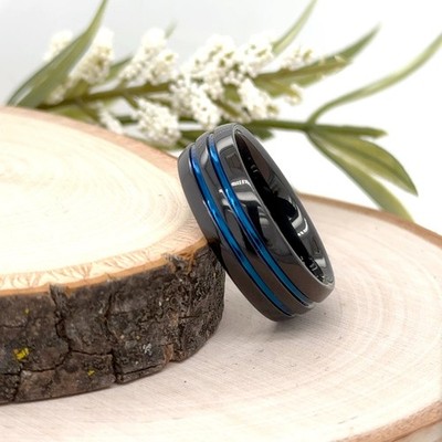Black Tungsten Carbide Ring 8mm Double Blue Enamel Strip Her Band For Christmas