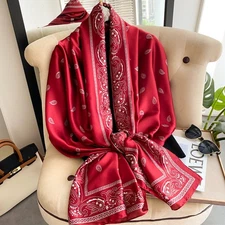 Luxury Red Paisley Bandana Scarf Silk-Feel Large Square Satin Wrap Cowboy Print