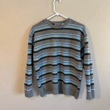 North Crest Men's Crew Neck Pullover Sweater Striped Knit Lambswool Gray Blue M