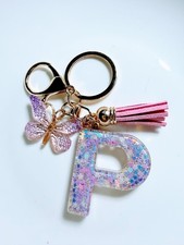 Handmade Resin Initial Keychain Letter P Butterfly Personalized Gift