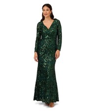 Adrianna Papell Women Long Sleeve Sequin & Lace Mermaid Gown, Hunter