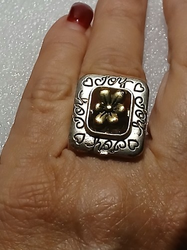 Upcycled Vintage Flower Statement Ring Silver Tone Pendant Conver Love Joy Etch