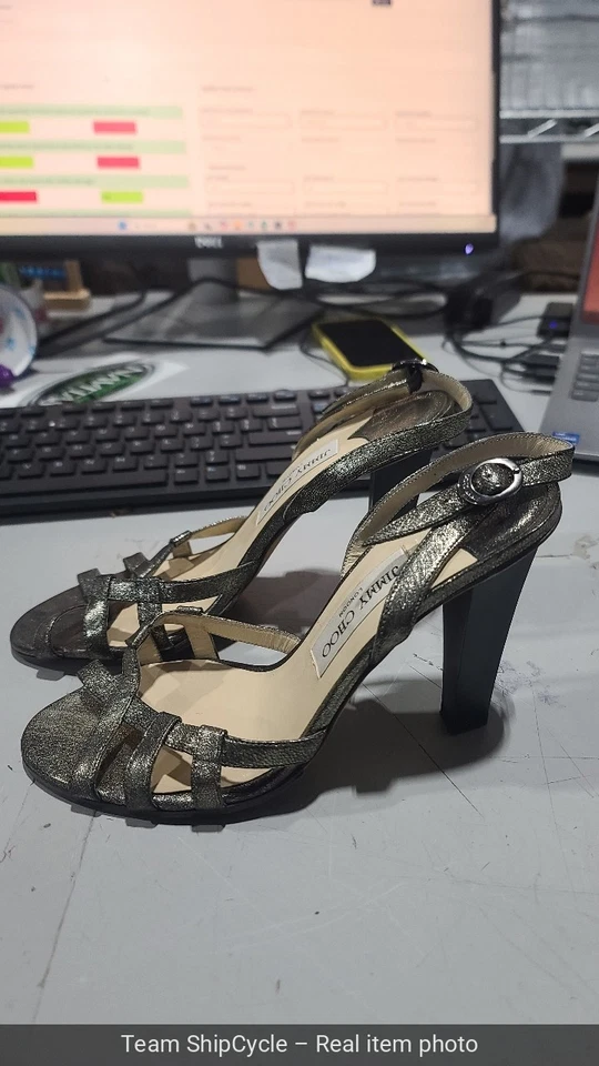 Sandalias Jimmy Choo Talla 38 Tacones Bloque Metálicos Brillo Bronce Cordones L G2U Foto 3 de 4