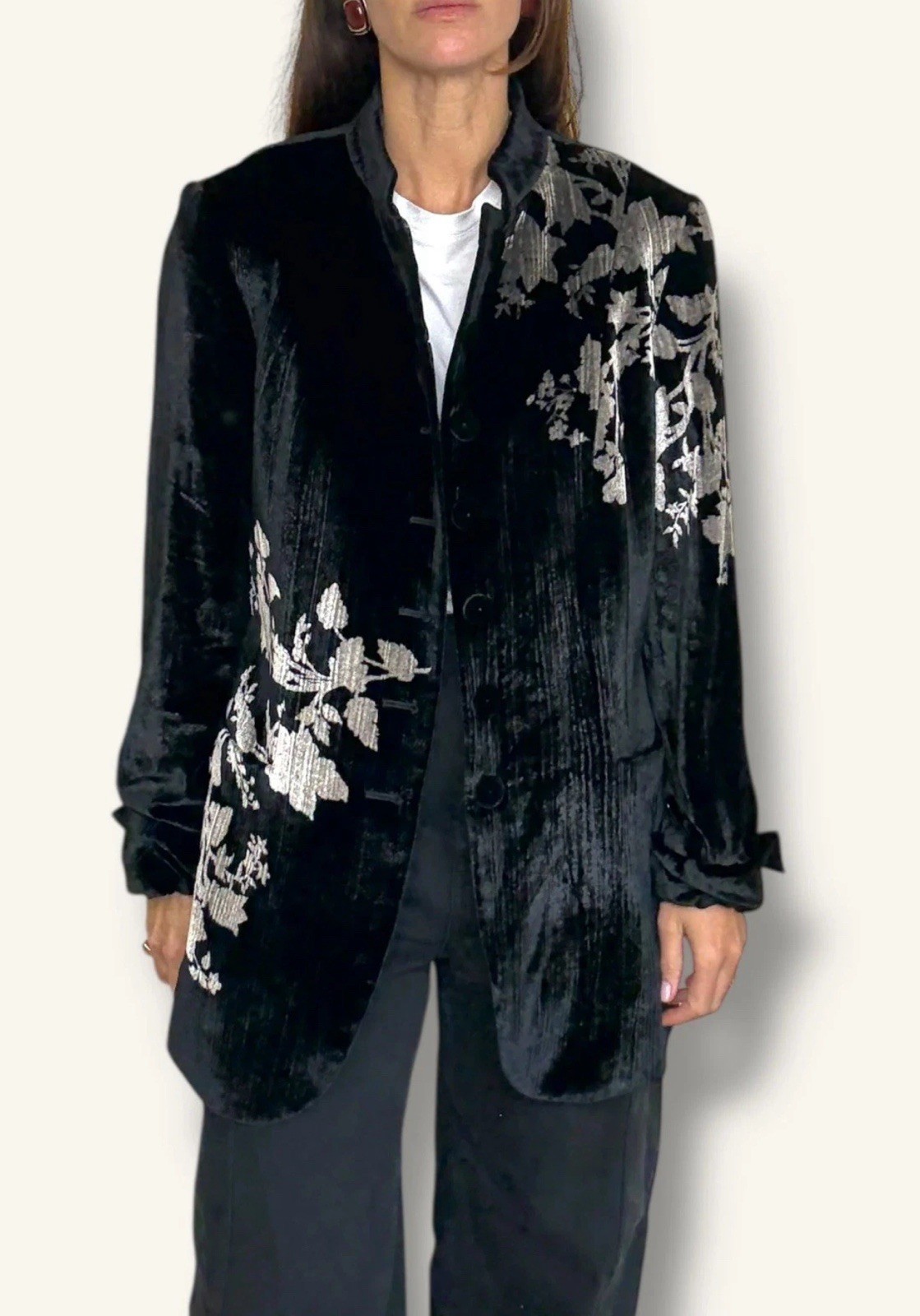 Dana Buchman Black Velvet Floral Embroidered Mandarin Collar Jacket Blazer Sz 6