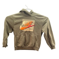 Nike Kids Hoodie Olive Green Graphic Swoosh Logo Fleece Pullover Sweatshirt