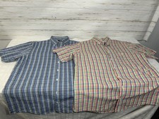 2 Vtg. Lands' End Seersucker Shirts Men Large Tall LT 16-16.5 Blue Color Plaid