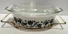 Vintage Pyrex Black Tulip on White Casserole Baking Dish 043 1.5 Qt Lid & Cradle