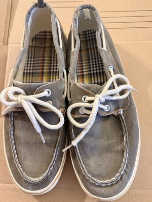 Faded Glory Mens Boat Shoes Size 10 Gray Canvas Deck Sneakers Orange Trim Plaid
