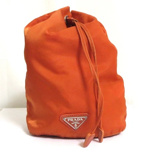 Auth Prada Orange Nylon Drawstring Small Cosmetic Bag Make up Pouch Vintage Ital