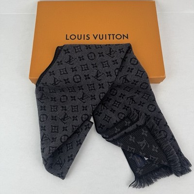 Louis Vuitton Scarf Mens Gray Charcoal Classic Wool Fringe Monogram M78526