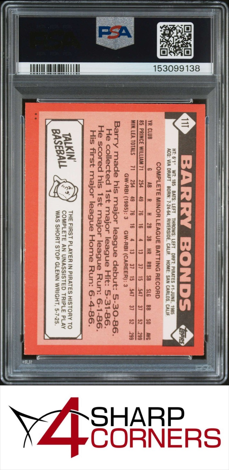 1986 TOPPS TRADED #11T BARRY BONDS RC PIRATES PSA 9 view 2