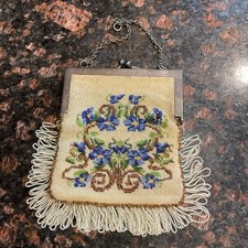 1907 Edwardian Micro Beaded Purse, German Silver Frame Floral Design Antique