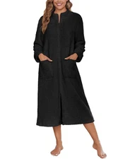 Women Zipper Robe Long Sleeves Bathrobe Winter Sleepwear Warm Soft Housecoat ...