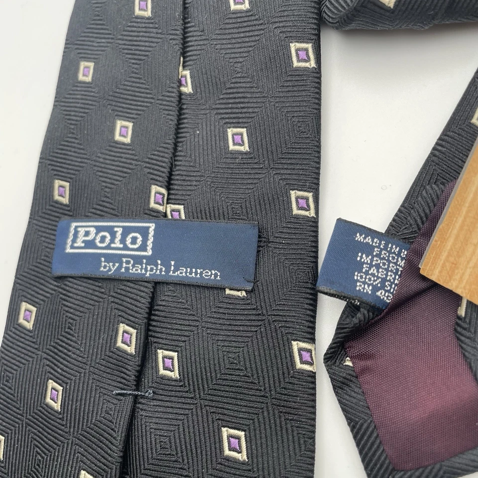 Corbata geométrica Polo Ralph Lauren 100 % seda hecha en EE. UU. 57” X 4” diamantes negros Foto 3 de 4