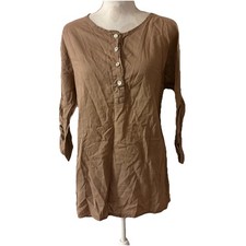 Saga Italy Tan Brown Cotton Button OS Lagenlook High Low Tunic Roll Sleeve