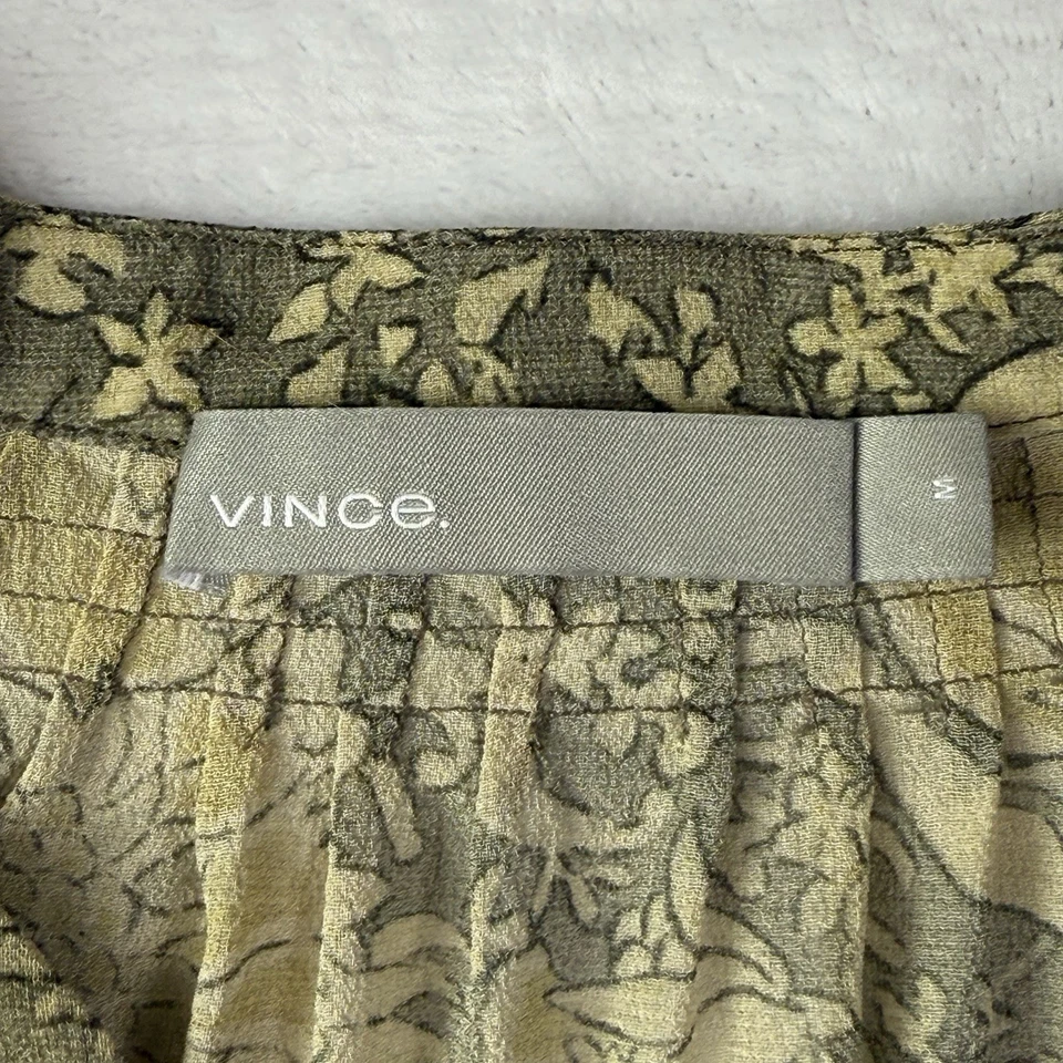 VINCE Blouse M Silk Top Moss Green Yellow Floral Garden Boho Long Sleeve V Neck - Image 2 of 4
