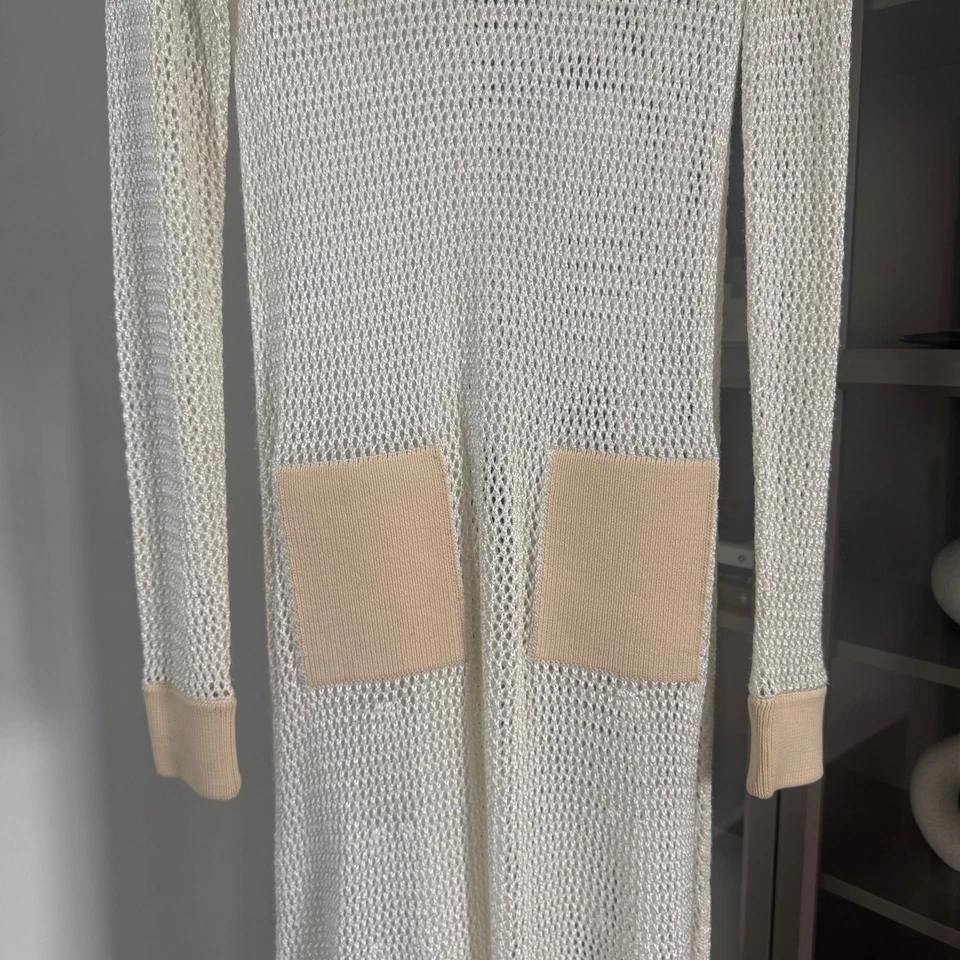 Maxi Vestido Tibi Crochet Tejido Abierto Pequeño Manga Larga Malla Blanco Beige Bolsillos S Foto 4 de 4