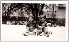Vtg B&W Snapshot Two Toddlers Winter Coats Knit Hats Playing Snow Sled 1947