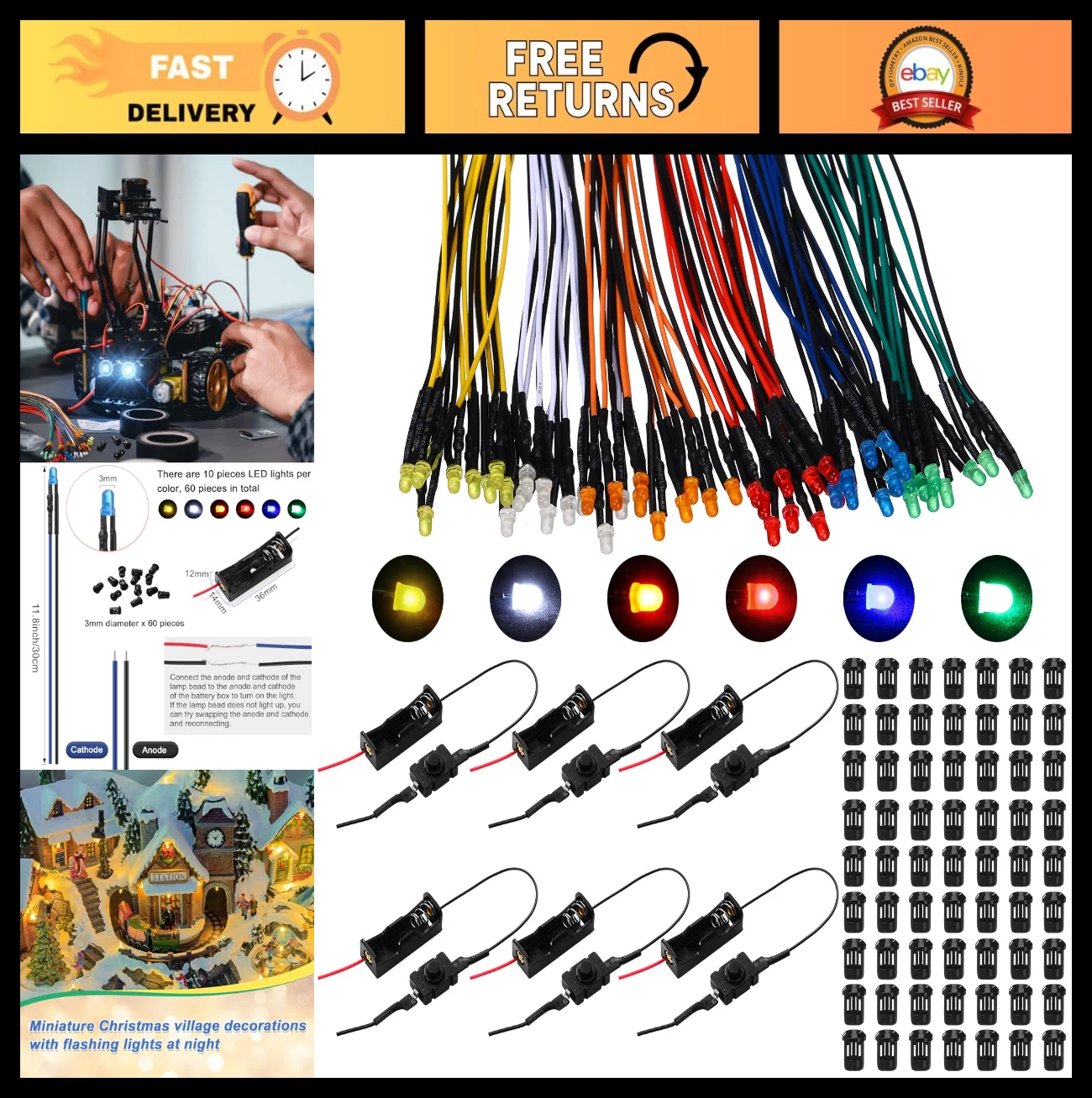 126 Pcs 12V LED Light Kit - 60 Pre-Wired Diodes, 60 Lamp Holders, 6 Battery Hold