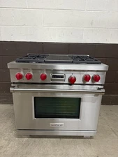 Wolf DF364G - 36" Professional Dual Fuel Range 4 Burners + Griddle Red Knobs