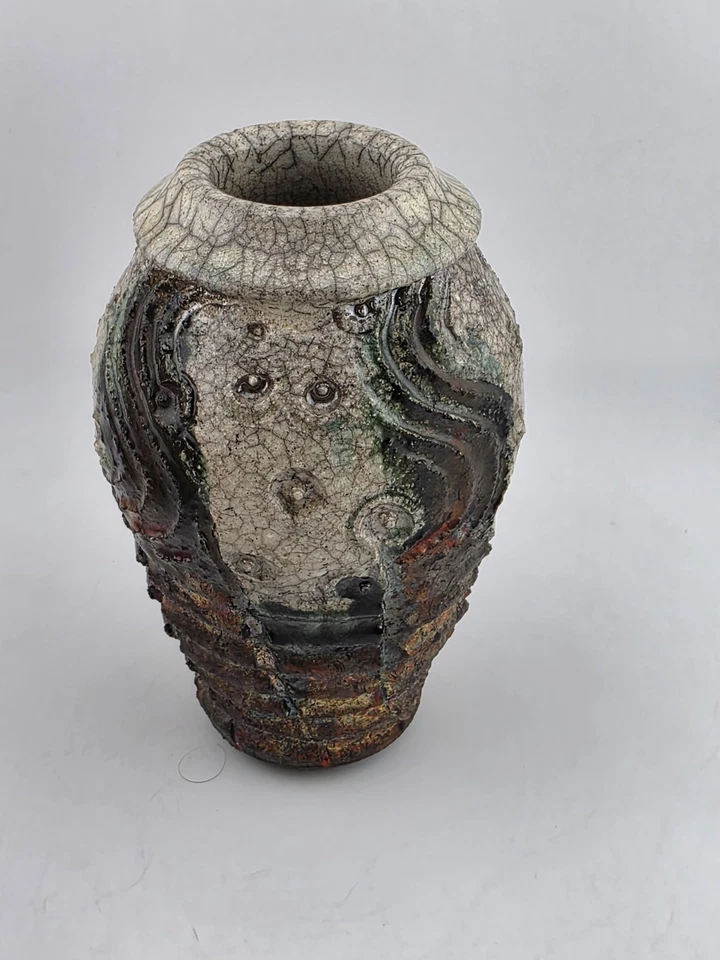 Rare Unique Bruce O'Dell Studio Art Pottery Raku Vase Iridescent Crackle Glaze - Image 2 of 4