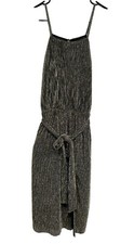 Fabrik Metallic Black Gold Striped Midi Dress Sleeveless Adjustable Tie Waist