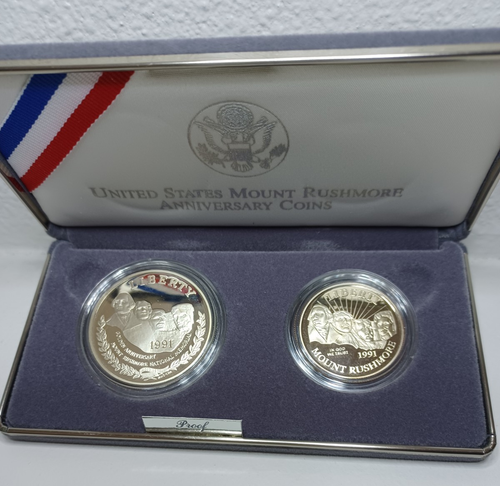 1991-S US MINT 2 PROOF COIN SET MOUNT RUSHMORE ANNIVERSARY COINS COA & ORIG. BOX