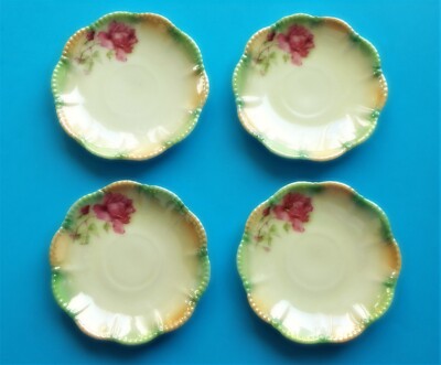 Silesien Germany Saucers Cabbage Rose 4 Porcelain Scalloped Orange Green Lustre