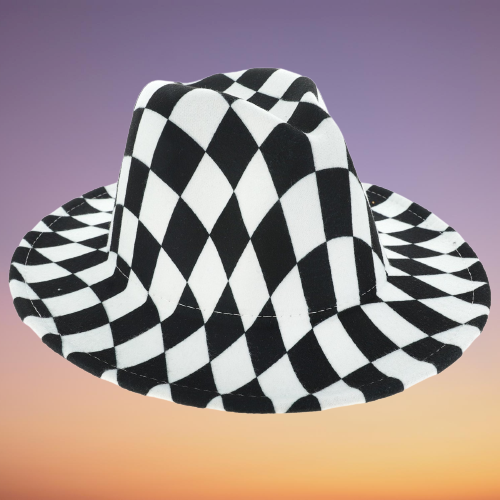 Black Checkered Tie Dye Wide Brim Felt 