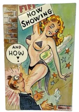 Vtg Now Showing Fifi Woman Stripper Cartoon Humor Funny Postcard Risque USA