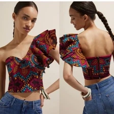 Anthropologie Sz 12 SIKA By Phyllis Taylor Ruffled One-Shoulder Blouse Crop Top