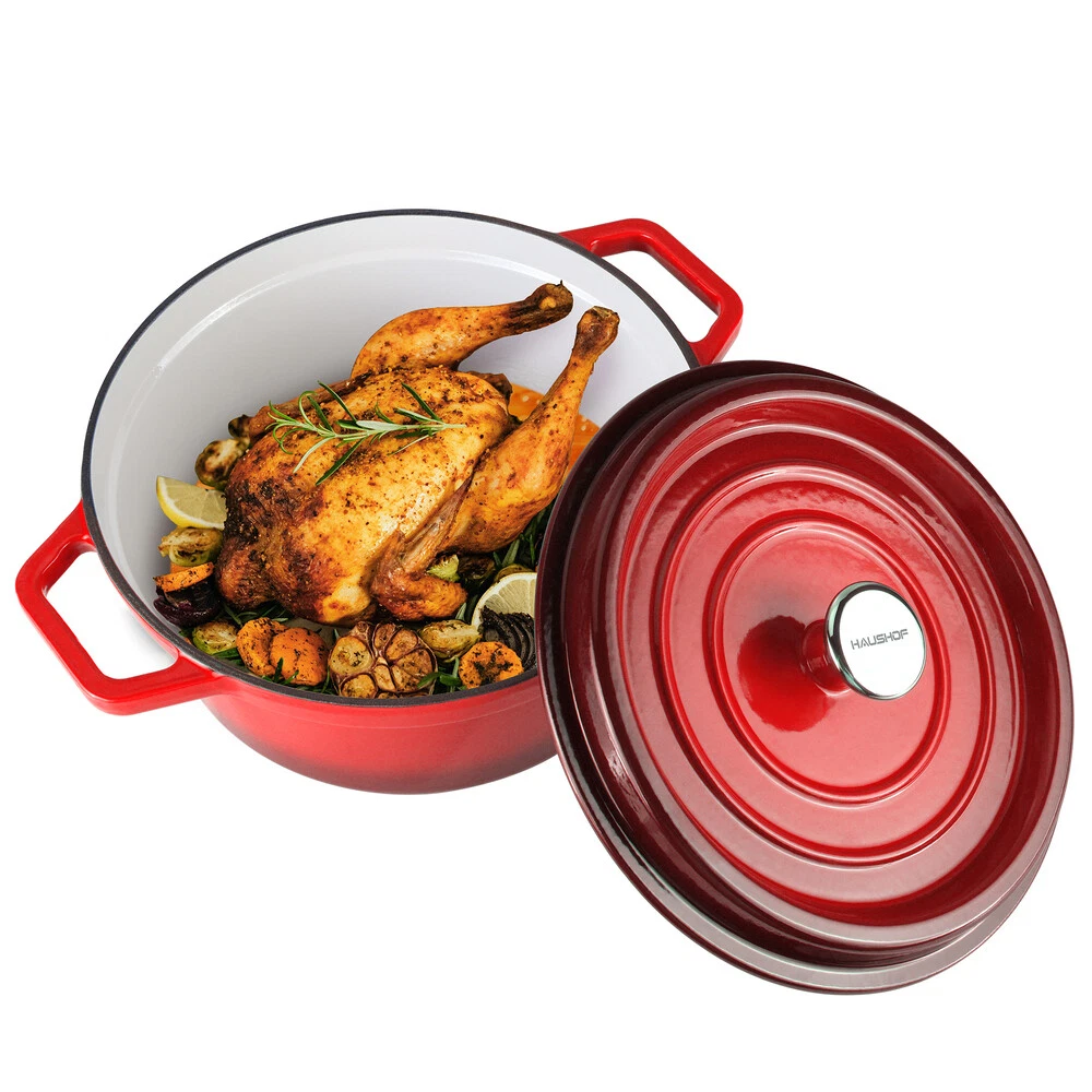 HAUSHOF 5.3-QT Enameled Cast Iron Dutch Oven Three-layers Non-Stick Pot with Lid