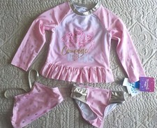 Disney Princess 3 Piece Size 2T Girls Bikini Swimsuit Rash Guard Shirt UPF 50