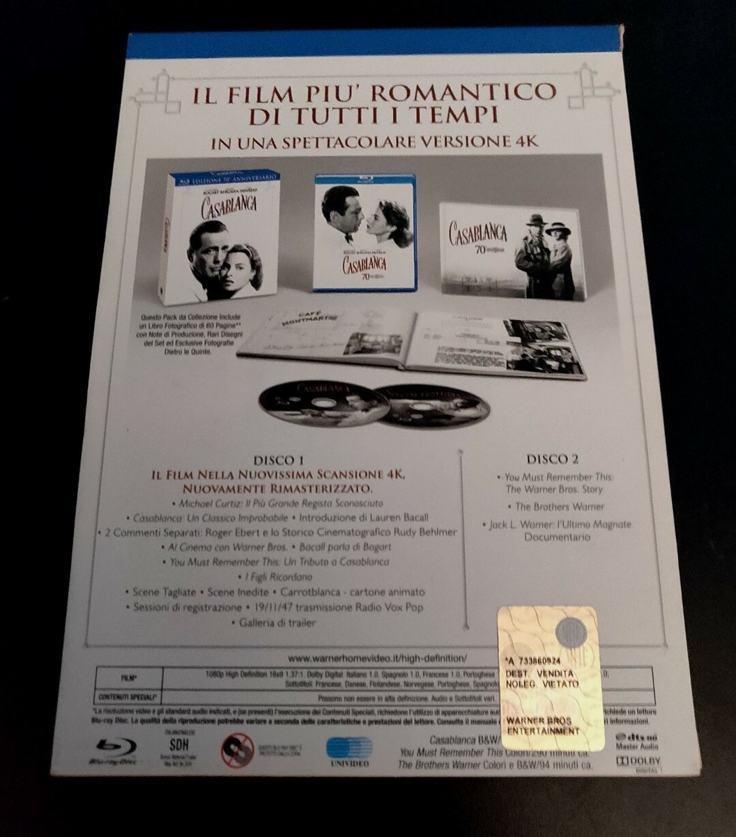 Casablanca Blu-Ray CAPOLAVORO NOIR 70 Anniversario Libretto