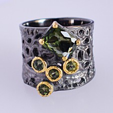 Natural Moldavite Gemstone 925 Sterling Silver Wide Band Cigar Ring Jewelry 7'