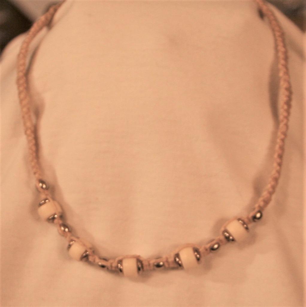 Handsome Cream Natural Stone Silvertone Beads Braided Jute Beige Choker  Necklace