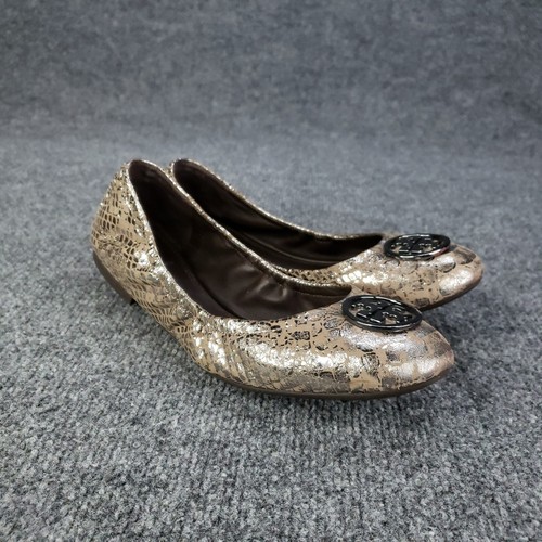 Tory Burch Ballet Flats Womens Size 8 Gold Textured Heidi Scrunch Leather Shoes - Picture 14 of 17