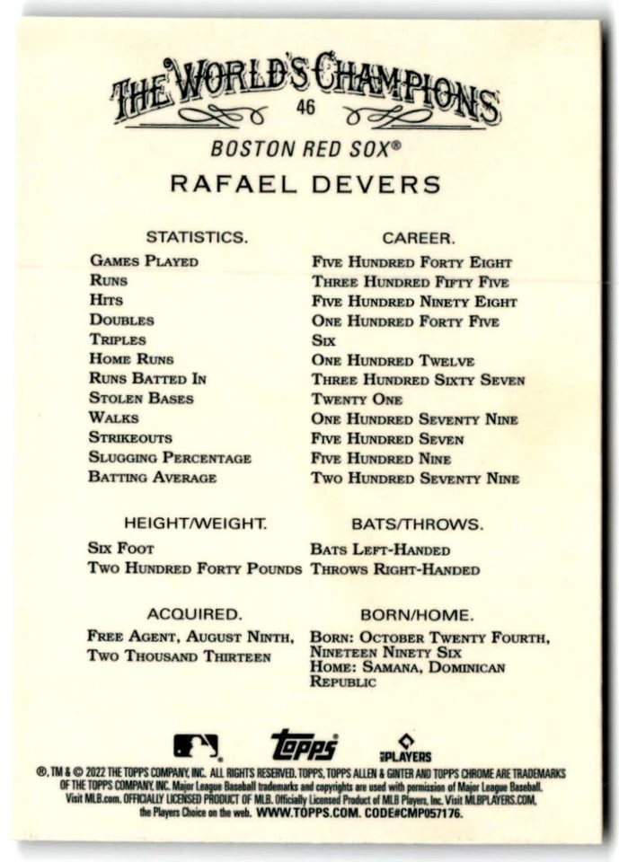 2022 Topps Allen & Ginter Chrome #46 Rafael Devers  Boston Red Sox  - Image 2 of 2