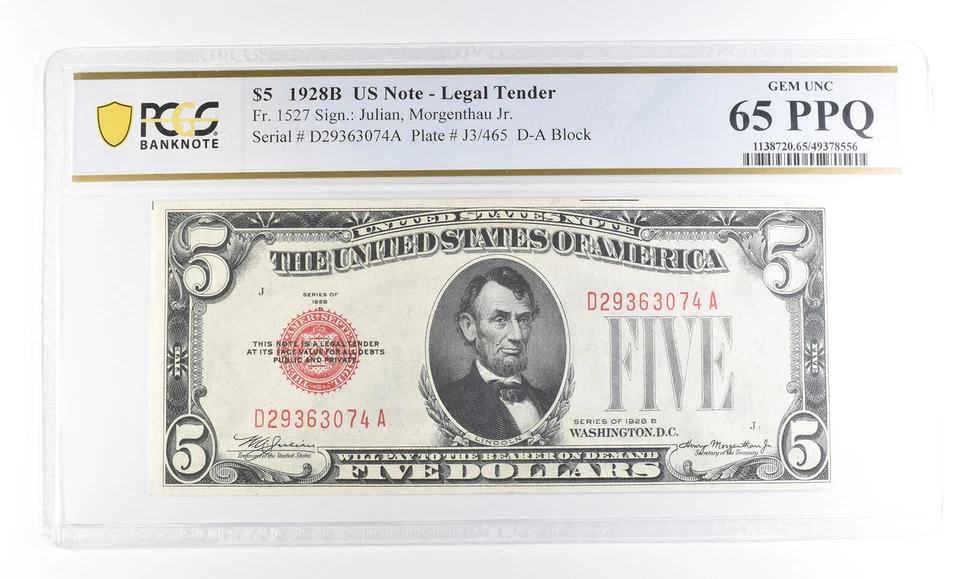 1928 B $5 EE. UU. Licitación Legal Fr#1527 Gema Unc 65 PPQ PCGS *2384