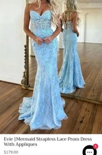 Sky Blue Mermaid Strapless Lace Prom Dress