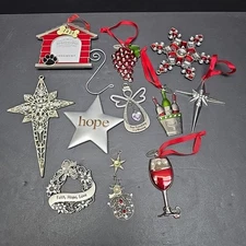 Assorted Metal Christmas Ornaments Lot Stars Angel Wine Wreath Snowman 12pc 3-6"